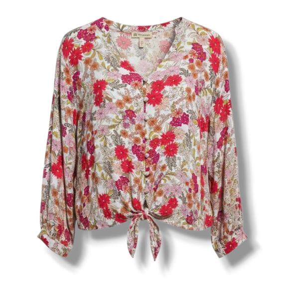 Democracy Women’s Floral Tie-Front Blouse PS Petite – 100% Rayon Boho Style - Picture 1 of 9